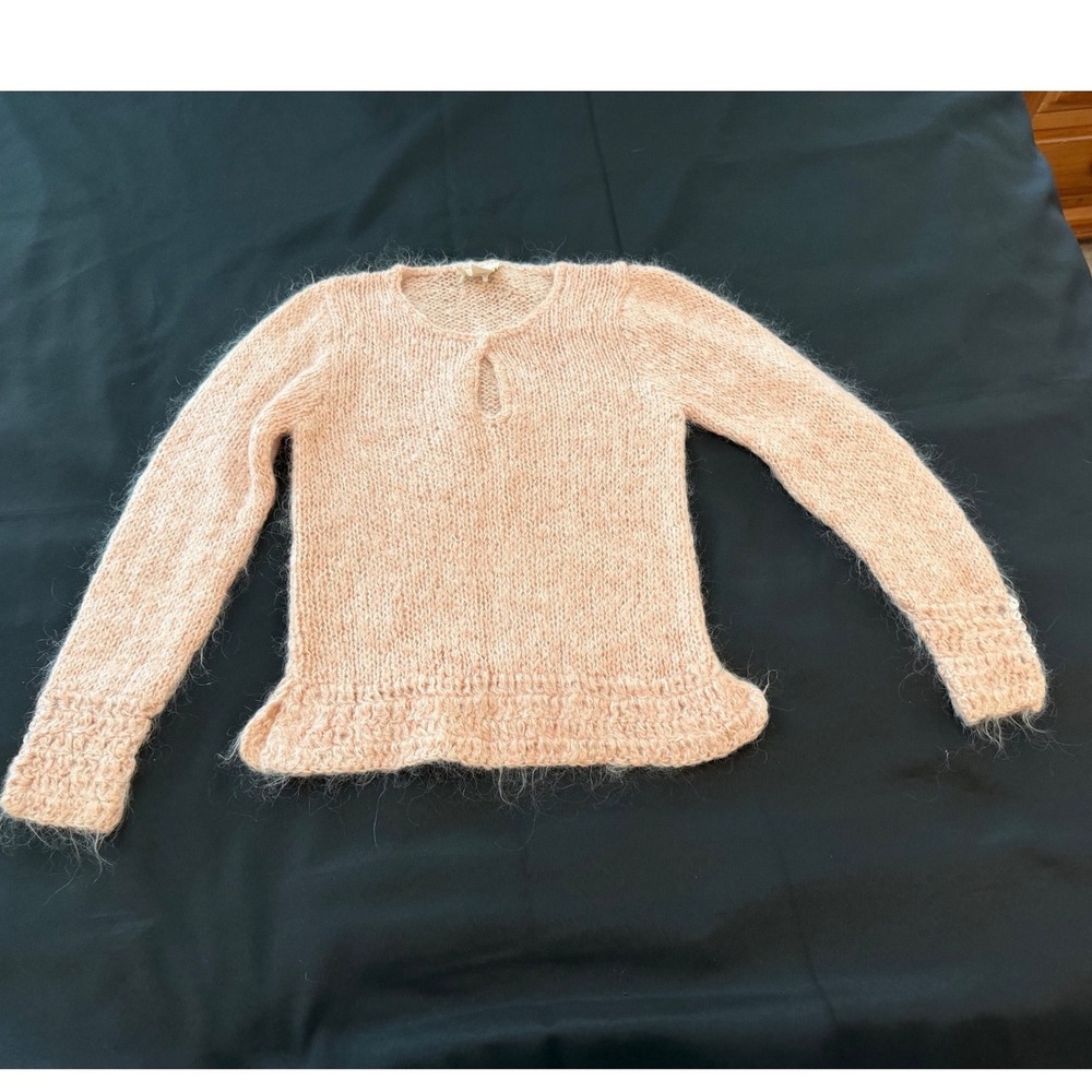 Vintage Hand Knit Mohair Blend Peach Pink Keyhole Sweater Button Cuff Medium